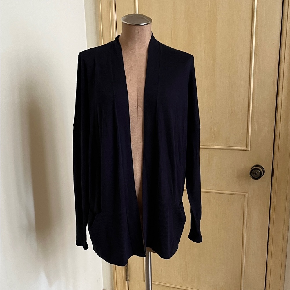 VINCE Minimalist Silk & Cashmere Open Front 2 Pocket Navy Cardigan Sweater SZ L